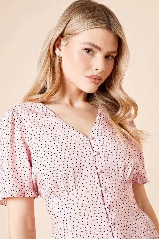 Pink Spot Button Up Frill Detail Top