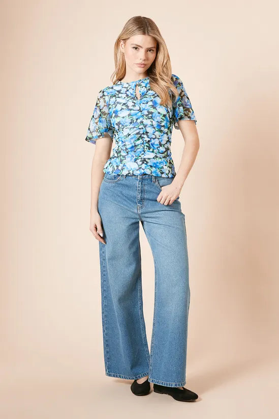Black Floral Keyhole Ruched Front Angel Sleeve Jersey Mesh Top
