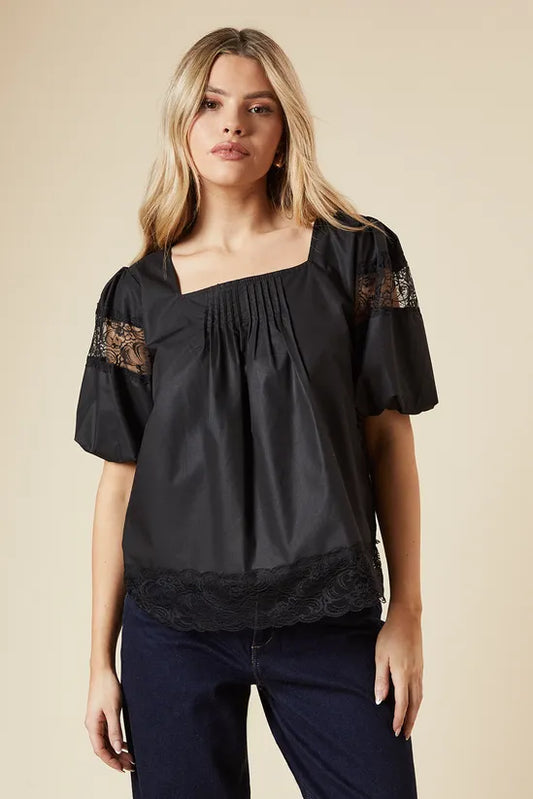 Pleat Front Lace Trim Short Sleeve Blouse