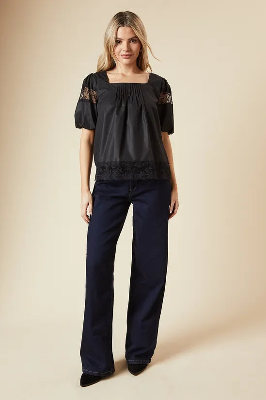 Pleat Front Lace Trim Short Sleeve Blouse