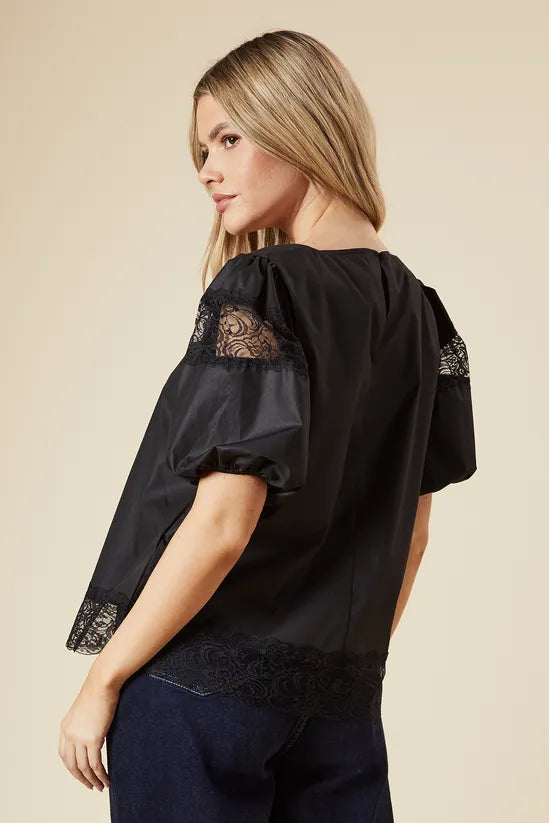 Pleat Front Lace Trim Short Sleeve Blouse