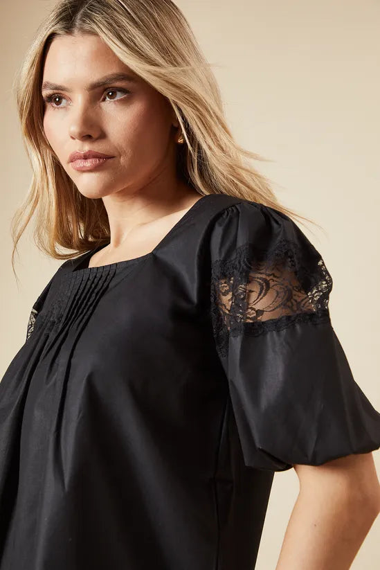 Pleat Front Lace Trim Short Sleeve Blouse