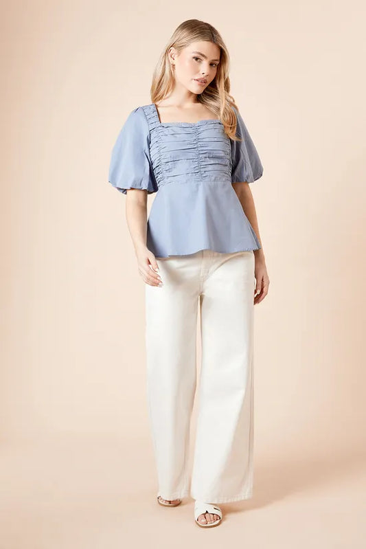 Poplin Puff Sleeve Ruched Bodice Blouse
