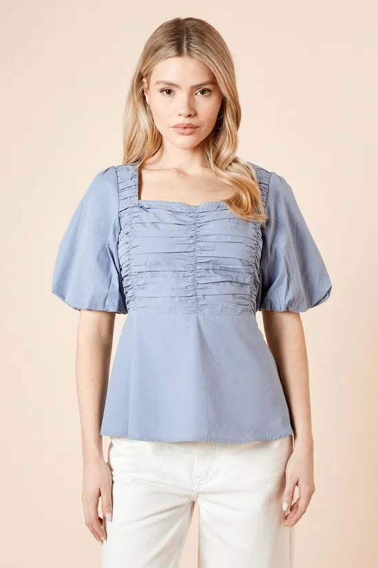 Poplin Puff Sleeve Ruched Bodice Blouse