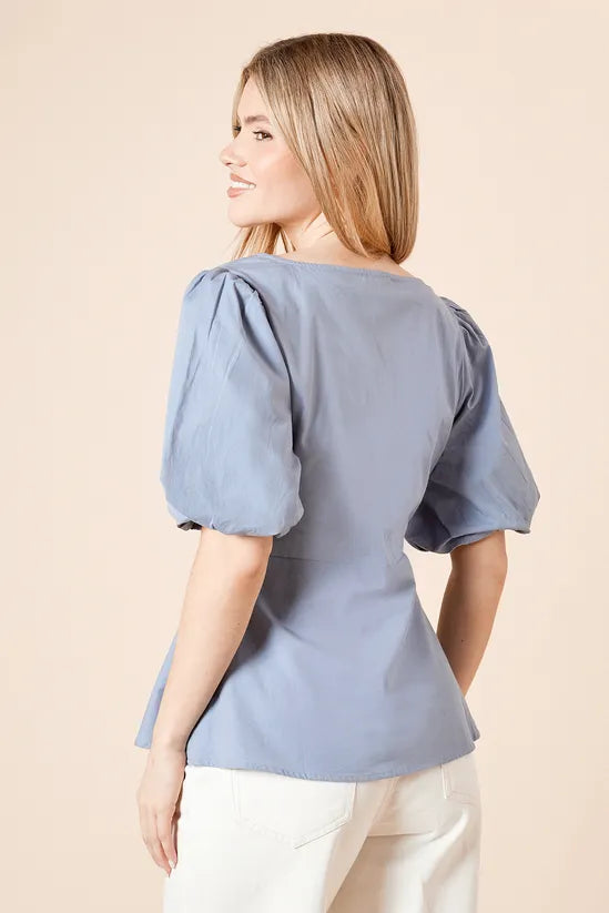Poplin Puff Sleeve Ruched Bodice Blouse