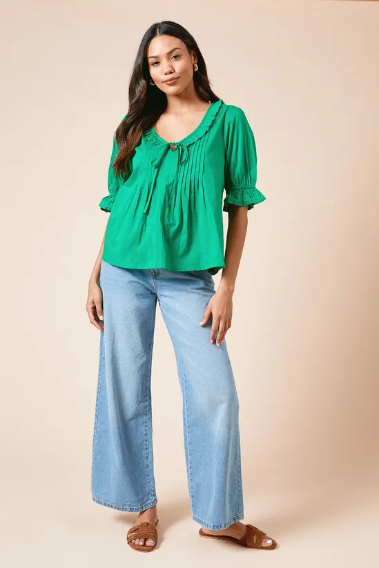 Pintuck Cotton Puff Sleeve Top