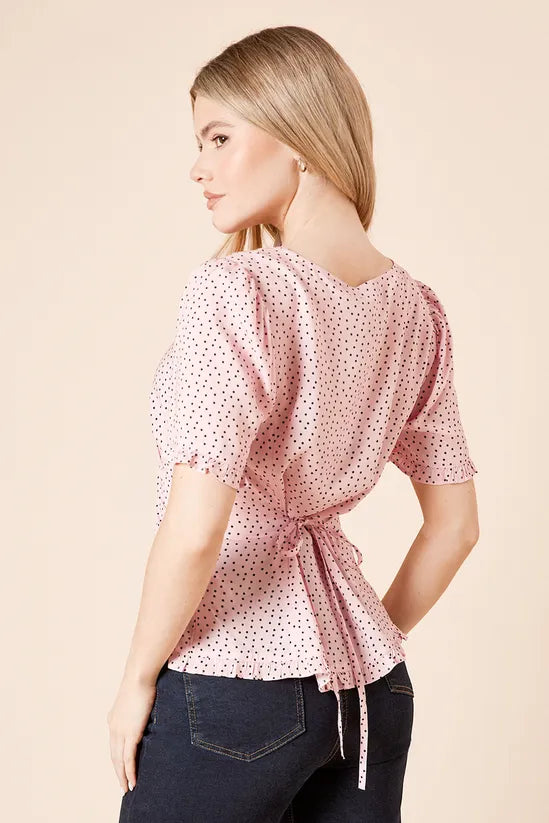 Pink Spot Button Up Frill Detail Top