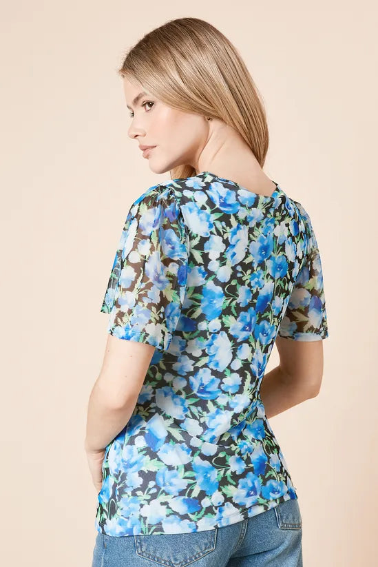 Black Floral Keyhole Ruched Front Angel Sleeve Jersey Mesh Top